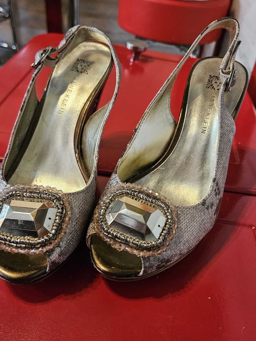 Anne Klein Metallic Gold Embellished Peep-Toe Slingback Mules